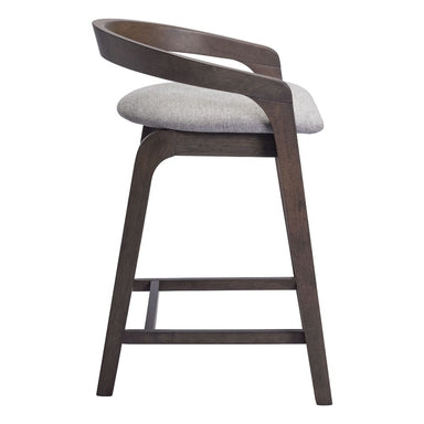 Wooden bar stool with gray cushioned seat on a white background