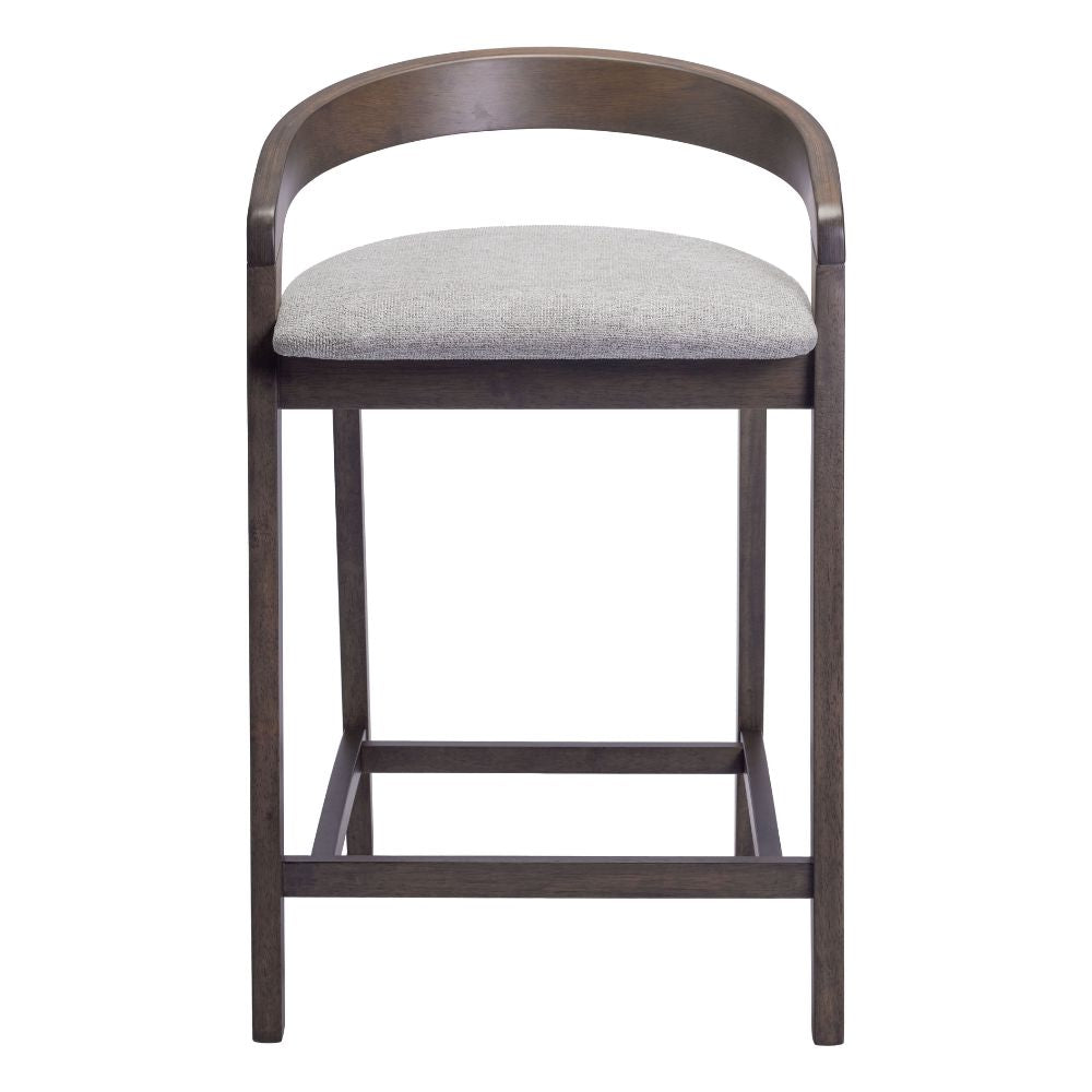 Bar stool with wooden frame and gray cushioned seat on a white background