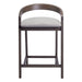 Bar stool with wooden frame and gray cushioned seat on a white background