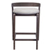 Wooden bar stool with a gray cushioned seat on a white background