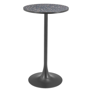 Round side table with a dark gray terrazzo top and black base on a white background