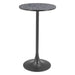 Round side table with a dark gray terrazzo top and black base on a white background