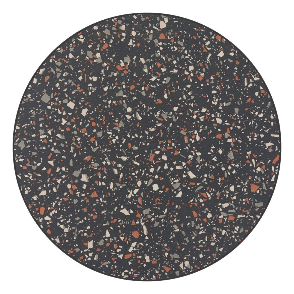 Round terrazzo coaster with multicolored chips on a white background