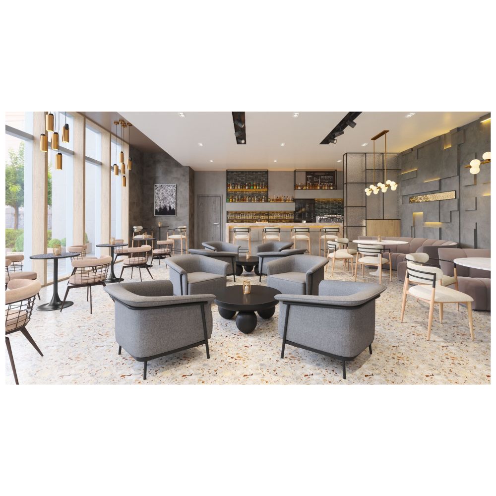 Modern interior design with gray chairs, tables, and decorative elements in a well-lit room.