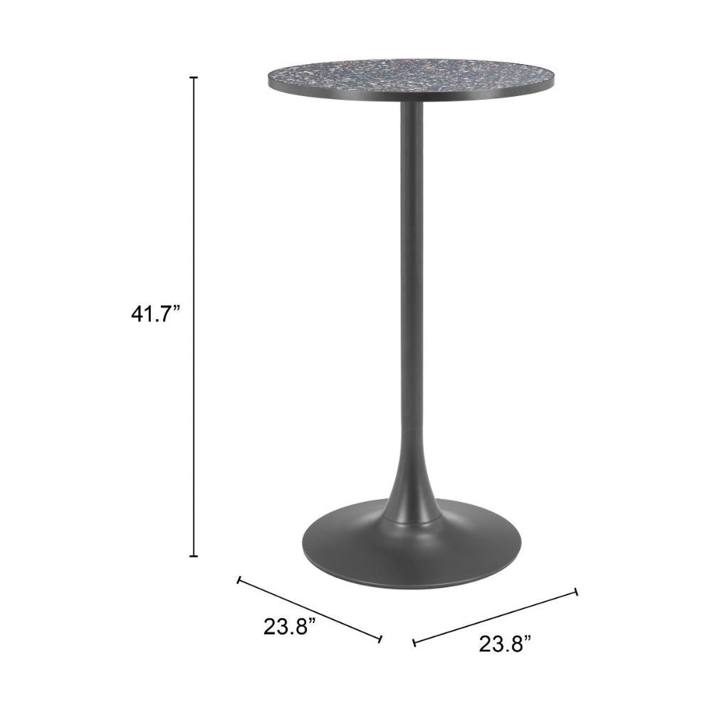 Black round table with dimensions labeled on a white background
