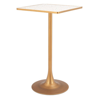 Gold pedestal table with a white marble top on a white background