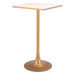 Gold pedestal table with a white marble top on a white background