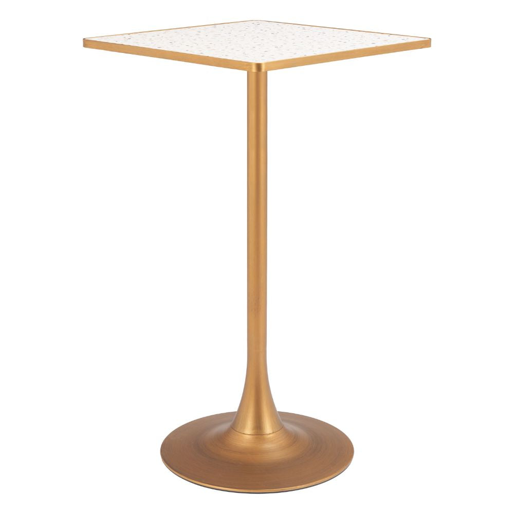Gold side table with a white marble top on a white background