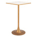 Gold side table with a white marble top on a white background