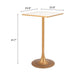 Gold pedestal table with dimensions labeled on a white background
