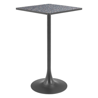 Square table with a dark gray base and speckled top on a white background