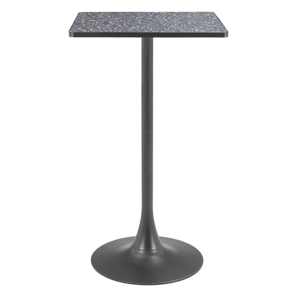 Black pedestal table with a speckled black top on a white background