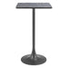 Black pedestal table with a speckled black top on a white background