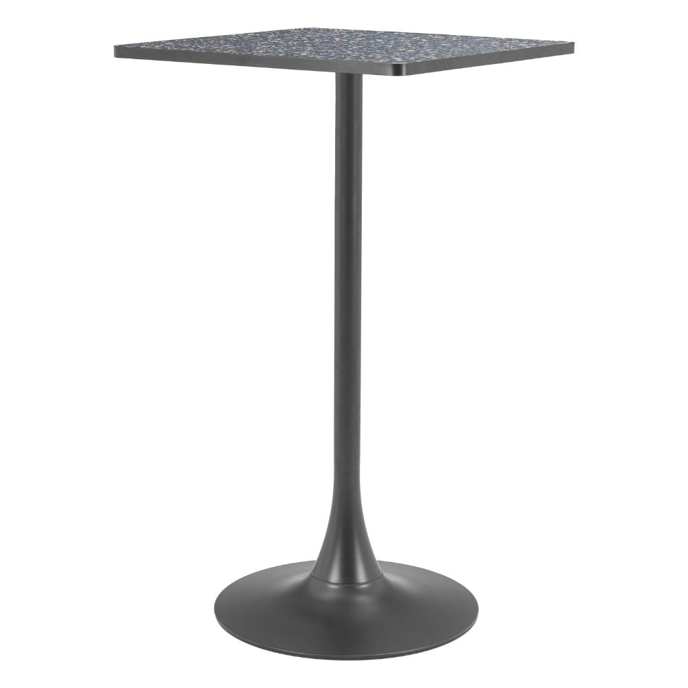 Black pedestal table with a square top on a white background