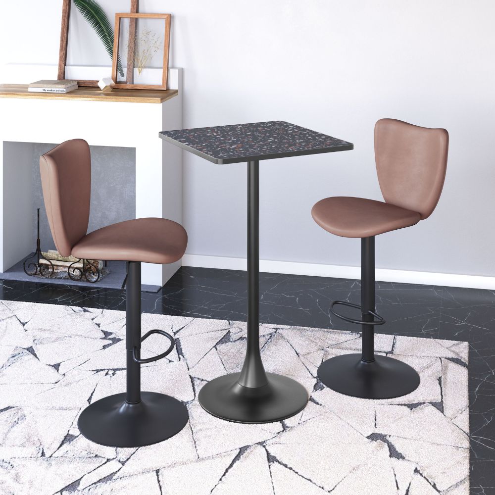 Two brown bar stools with black legs and a small square table on a marble floor.