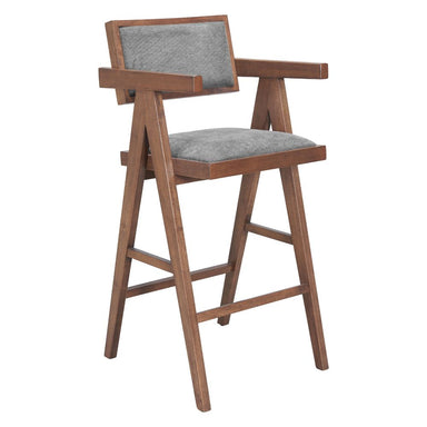 Wooden bar stool with gray cushioned seat and backrest on a white background