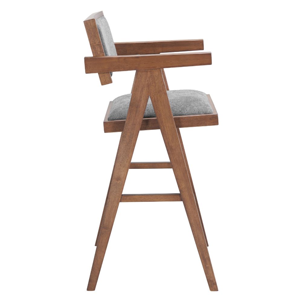 Wooden bar stool with gray cushion on a white background
