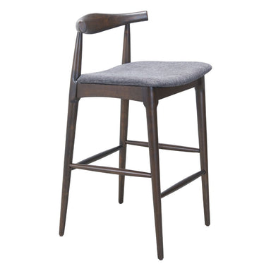 Bar stool with gray cushioned seat and backrest on a white background