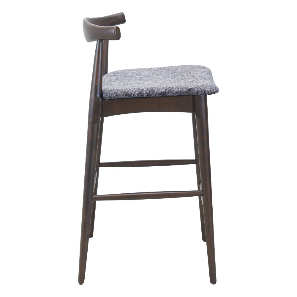 Bar stool with wooden frame and gray cushioned seat on a white background