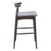 Bar stool with wooden frame and gray cushioned seat on a white background