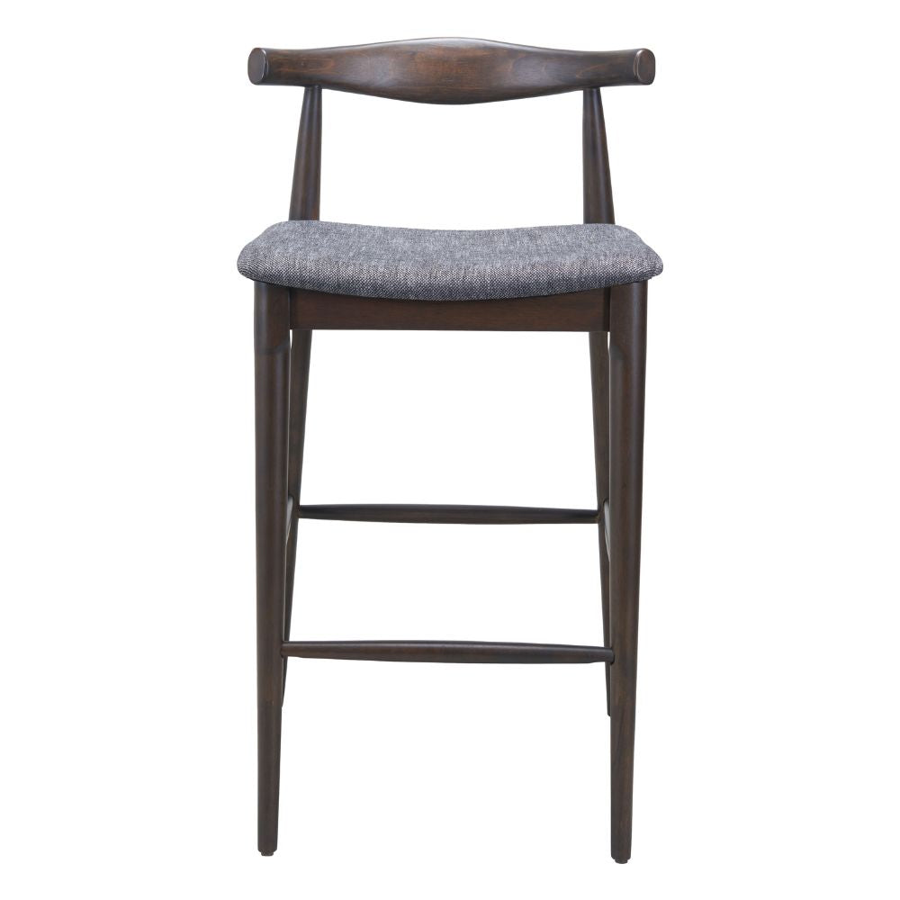 Bar stool with wooden frame and gray cushioned seat on a white background