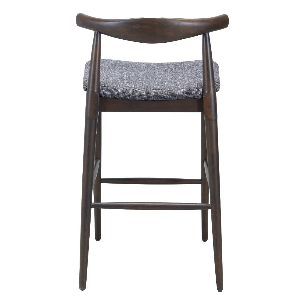Bar stool with wooden frame and gray cushioned seat on a white background
