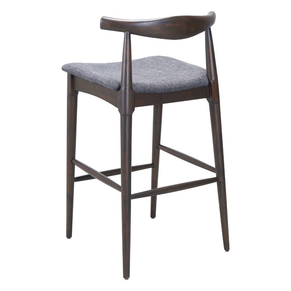 Bar stool with wooden frame and gray cushioned seat on a white background