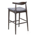 Bar stool with wooden frame and gray cushioned seat on a white background