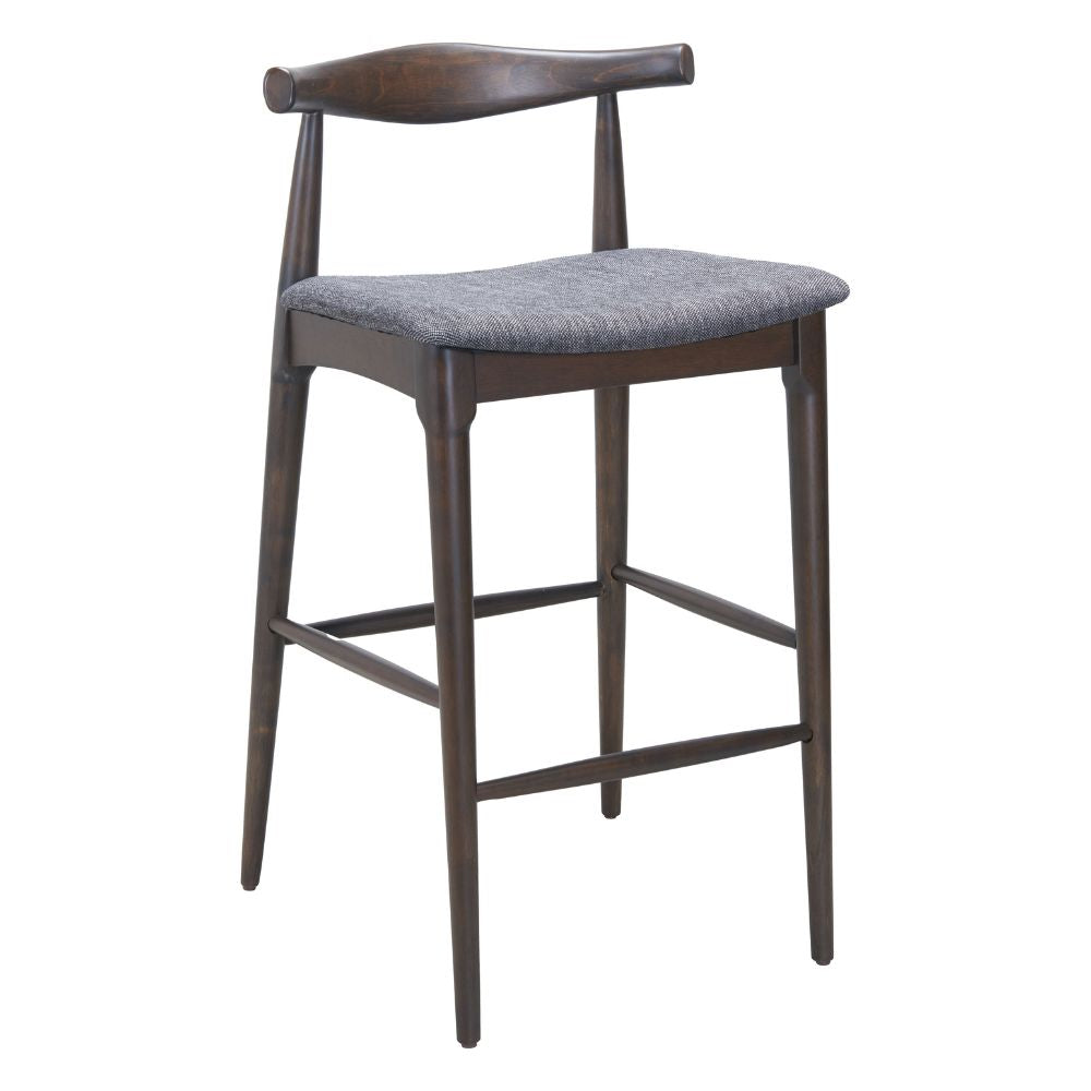 Bar stool with wooden frame and gray cushioned seat on a white background