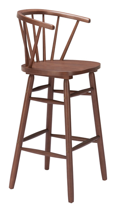 Wooden bar stool with curved backrest on a white background