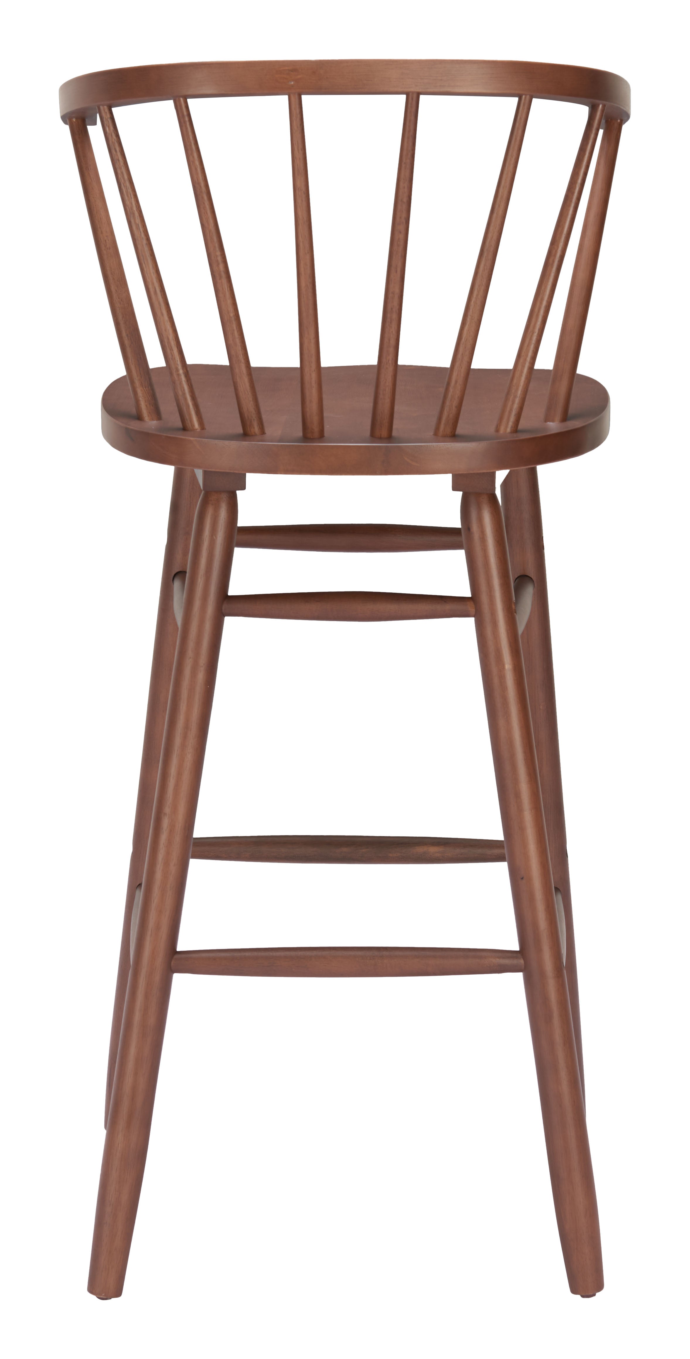 Wooden bar stool with spindle back design on a white background