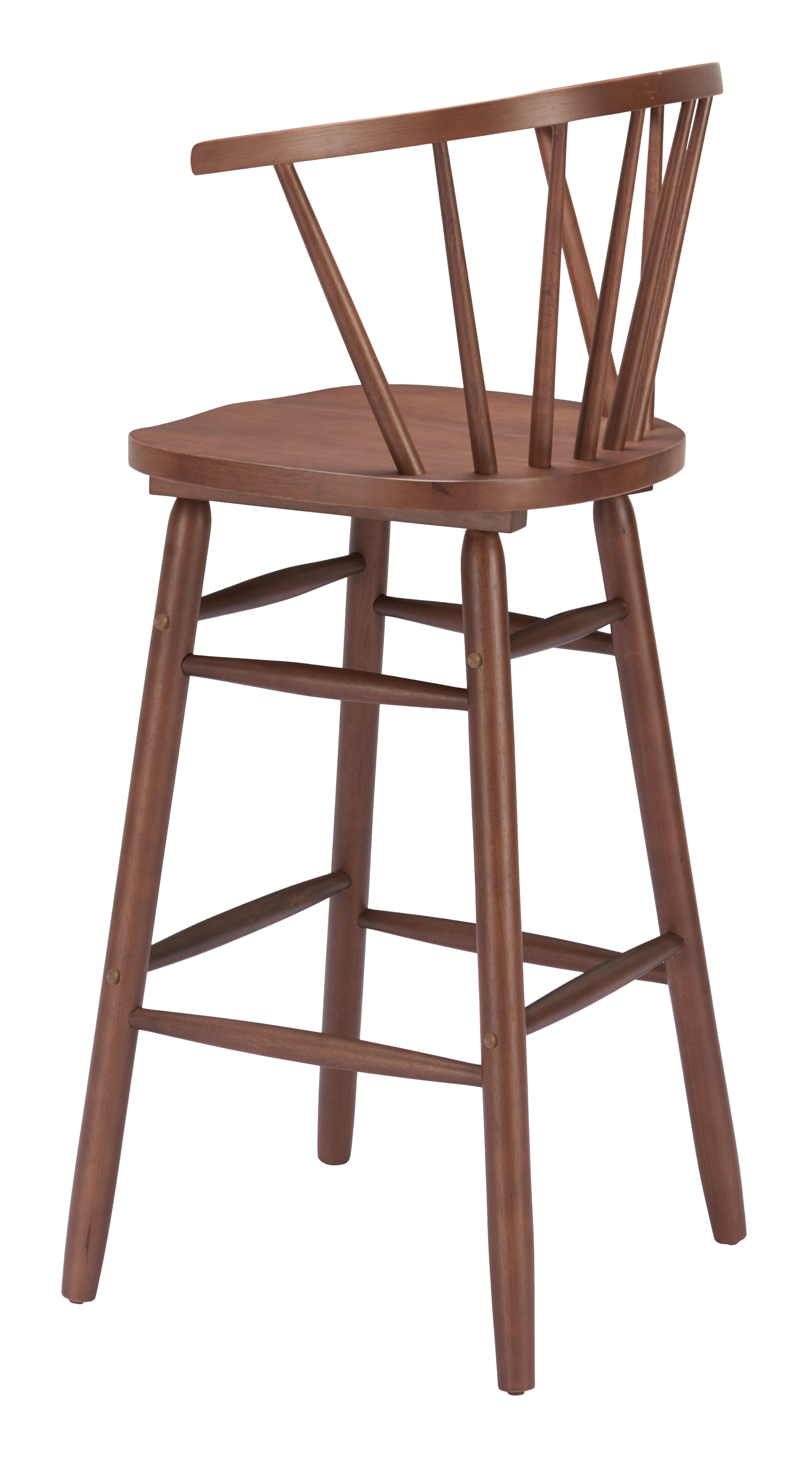 Wooden bar stool with spindle back design on a white background