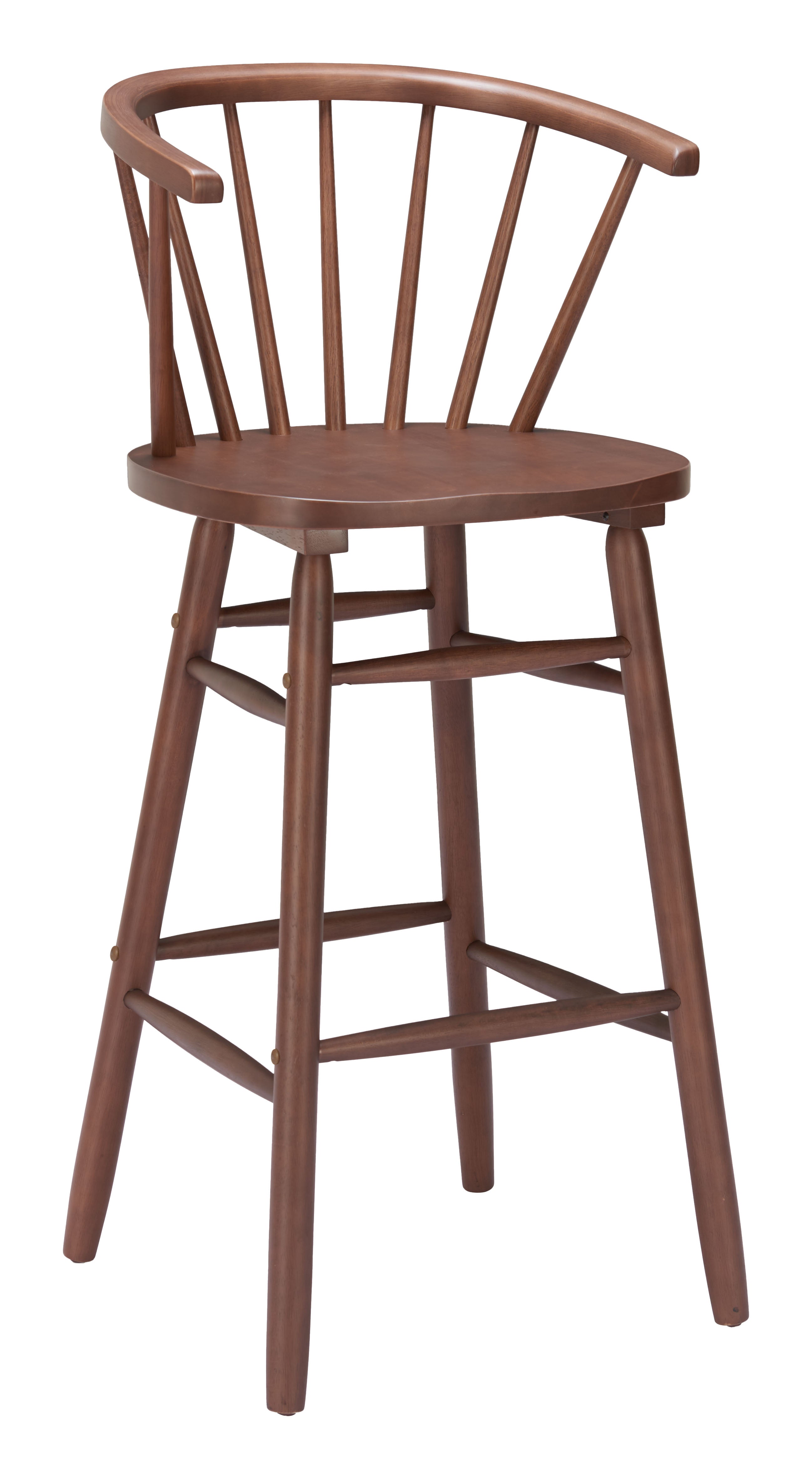 Wooden bar stool with curved backrest on a white background