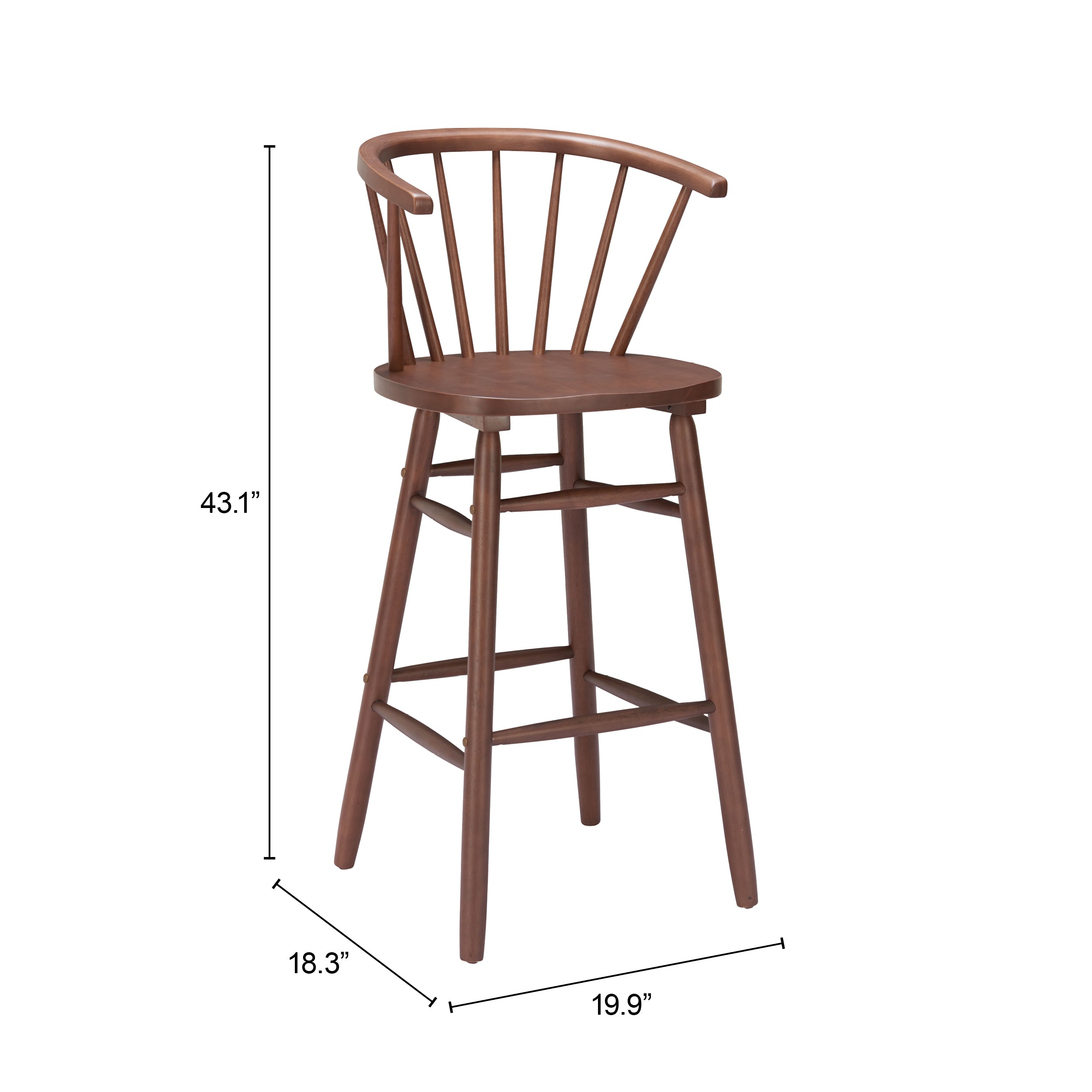 Wooden bar stool with dimensions on a white background