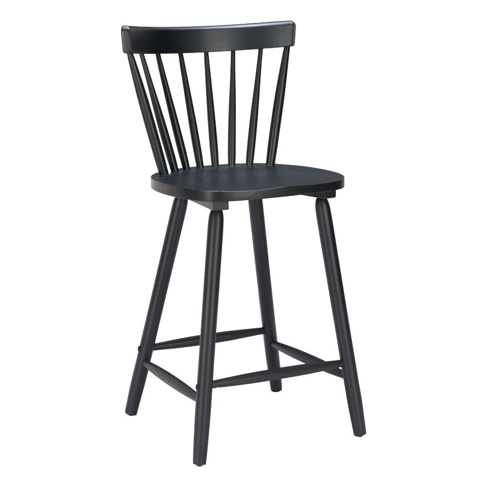 Black wooden bar stool with slatted backrest on a white background