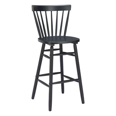 Black wooden bar stool with slatted backrest on a white background