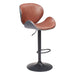 Brown leather bar stool with black metal base on a white background