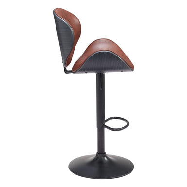 Bar stool with brown seat and black frame on a white background