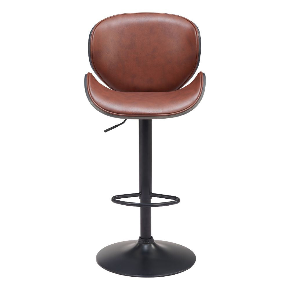 Brown leather bar stool with black metal base on a white background