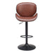 Brown leather bar stool with black metal base on a white background