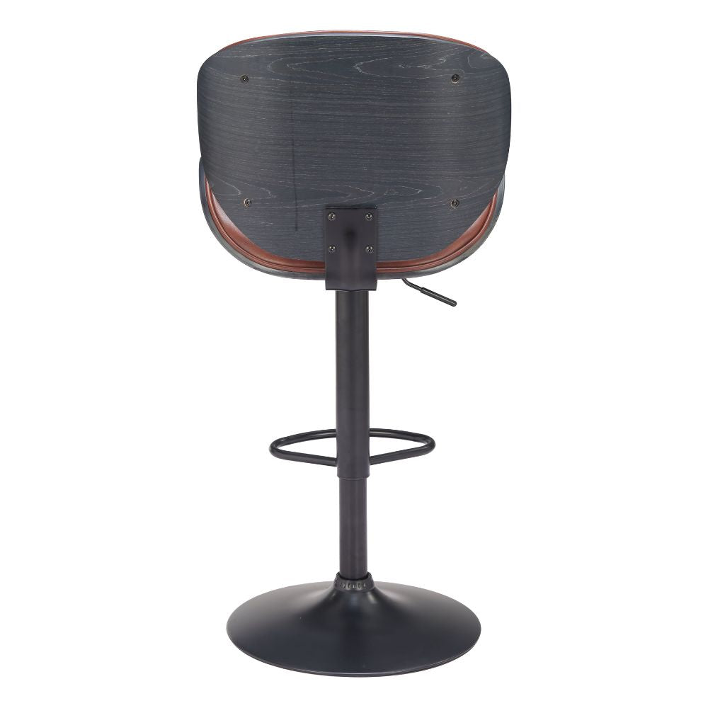 Black adjustable bar stool with wooden seat on a white background