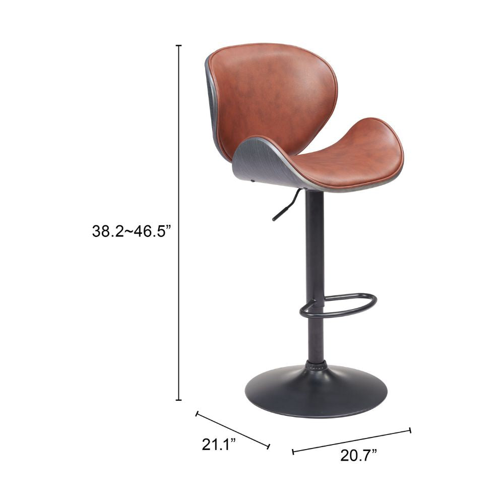 Brown bar stool with dimensions indicated on a white background