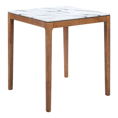 Square table with marble-like top and wooden legs on a white background
