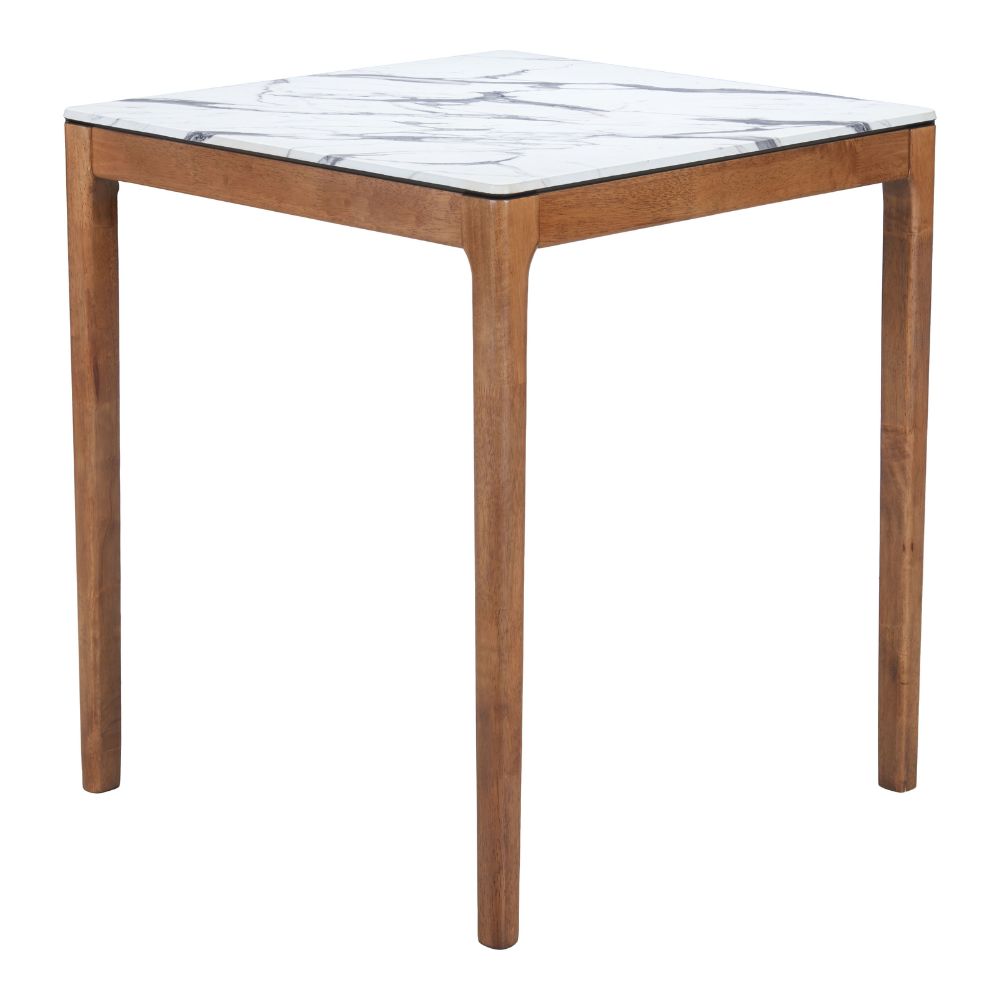Square table with marble-like top and wooden legs on a white background