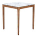 Square table with marble-like top and wooden legs on a white background