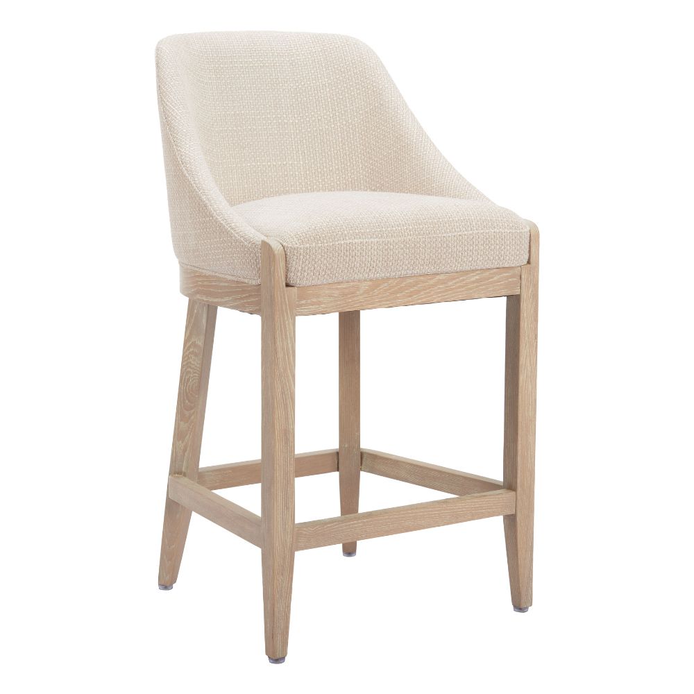 Beige bar stool with wooden frame on a white background