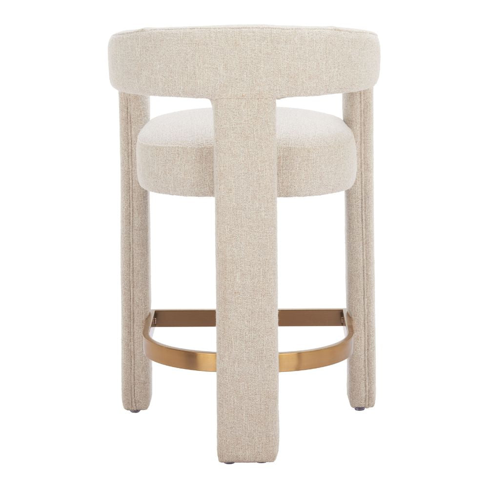 Beige bar stool with white cushioned seat on a white background