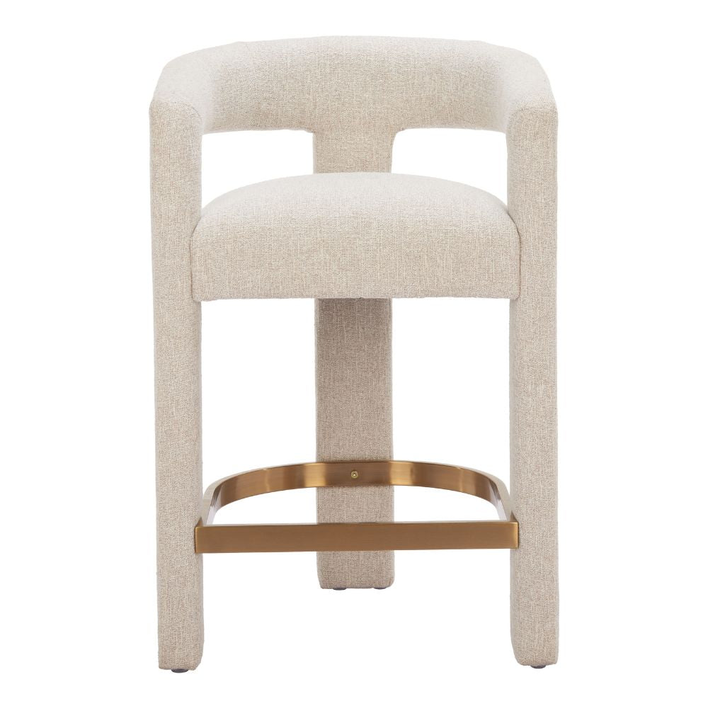 Beige bar stool with a gold metal base on a white background