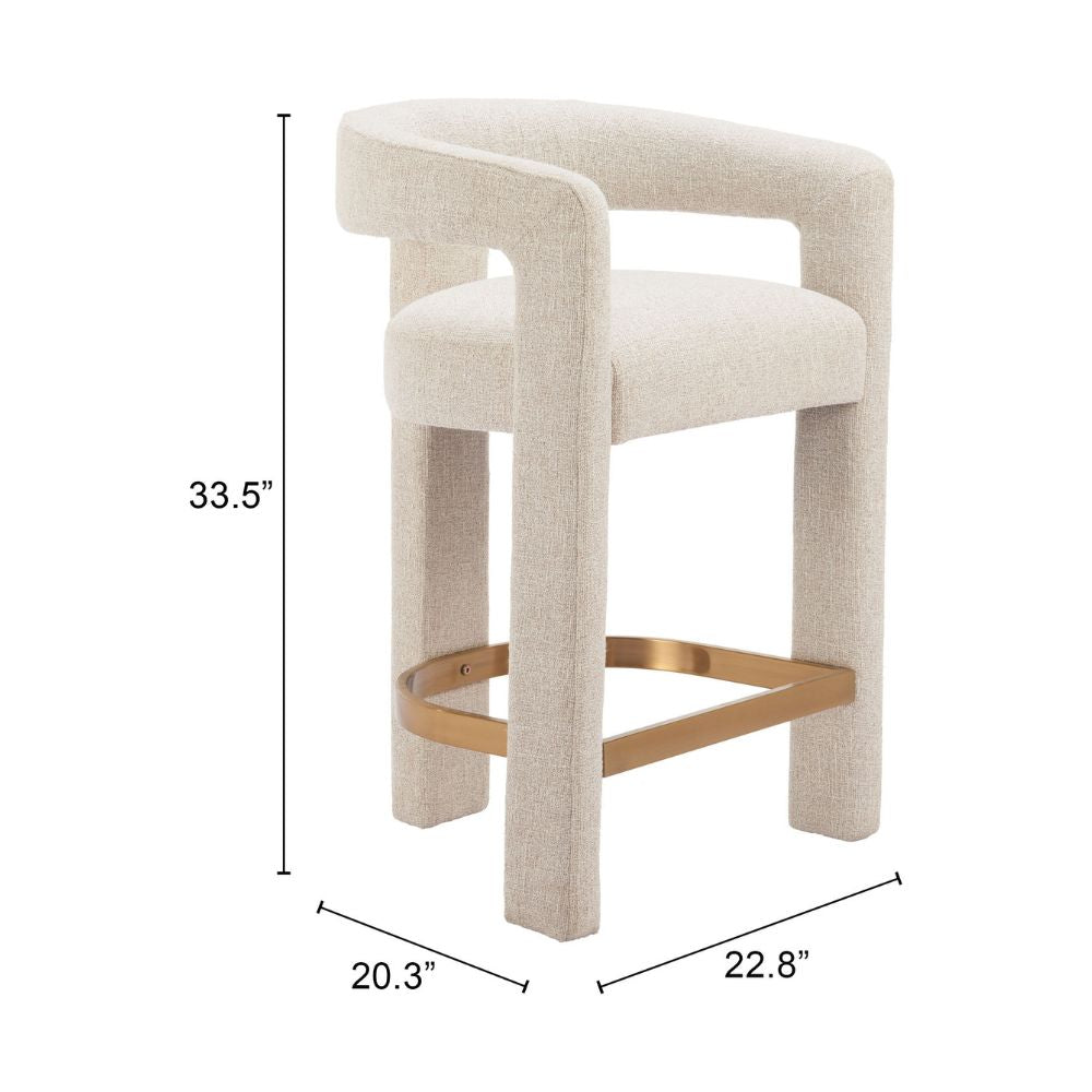 Beige bar stool with gold legs and dimensions displayed on a white background