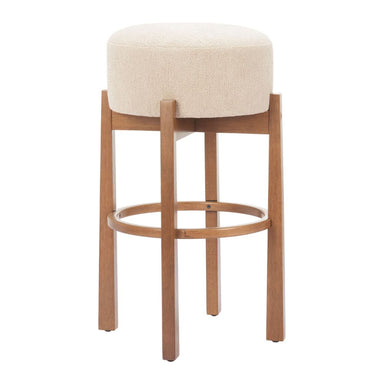 Bar stool with beige cushioned seat and wooden frame on a white background